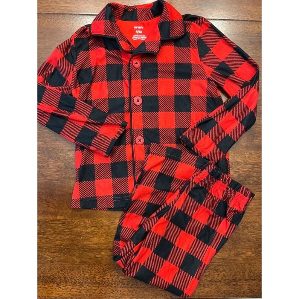 2 Piece Carter’s Boys Girls Button Pajama Set Buffalo Plaid Winter Size 4T